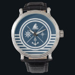 Nautical themed design watch<br><div class="desc">Nautical themed design with nautical symbols (anchor,  sailing boat,  sailing wheel,  compass) decoration on white and navy blue striped background.</div>