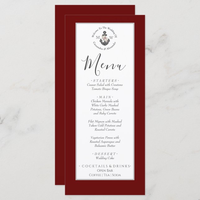  Nautical-Themed Floral Anchor White Maroon Red Menu (Front/Back)