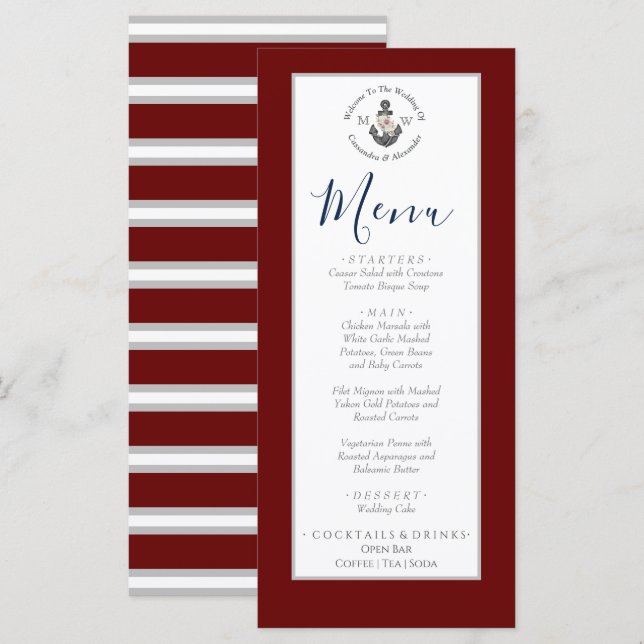  Nautical-Themed Floral Anchor White Maroon Red Menu (Front/Back)