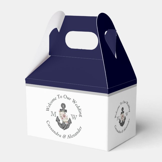 Nautical-Themed Floral Anchor White Navy Blue Favor Box (Front Side)