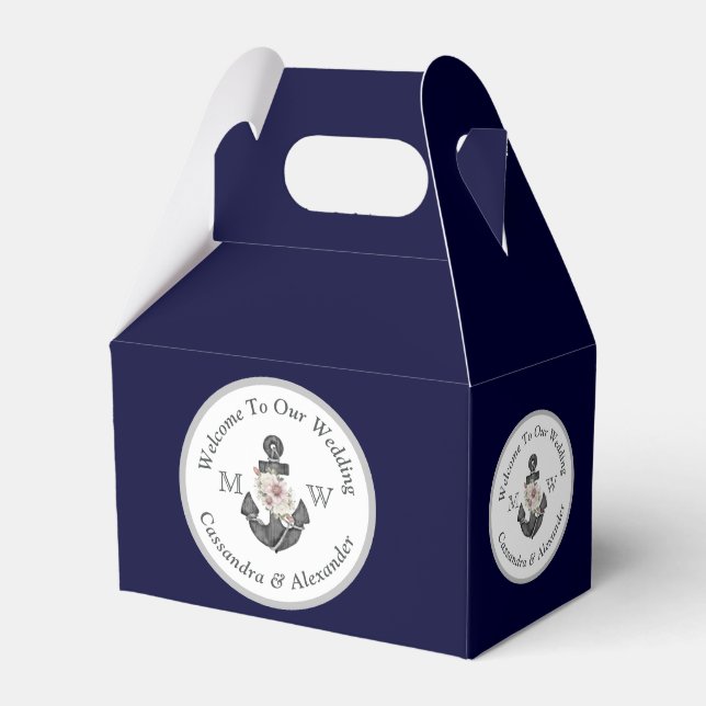 Nautical-Themed Floral Anchor White Navy Blue Favor Box (Front Side)