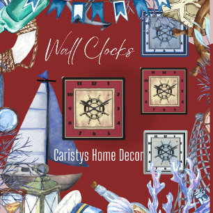 Nautical Themed Red  Square Wall Clock