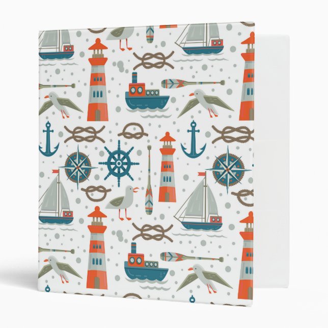 Nautical themed red teal gray white pattern binder (Front/Inside)