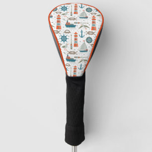 Nautical themed red teal grey white pattern golf head cover