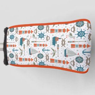 Nautical themed red teal grey white pattern golf head cover