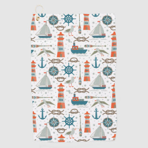 Nautical themed red teal grey white pattern golf towel