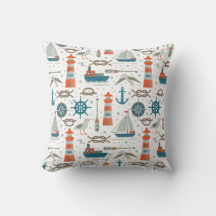 Nautical themed red teal grey white pattern throw pillow