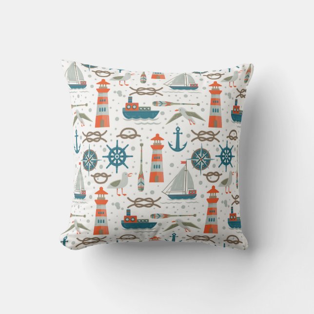 Nautical themed red teal grey white pattern throw pillow (Front)