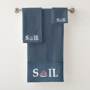 Nautical Themed Sail Text with Sailing Boat Decor  Bath Towel Set