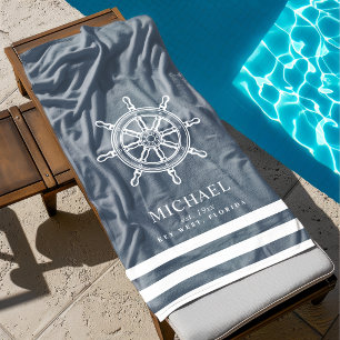Nautical Themed Ship Wheel Slate Blue Beach Towel