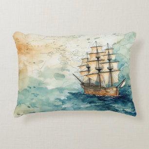 Nautical Themed Vintage Sailboat Old Map Accent Pillow