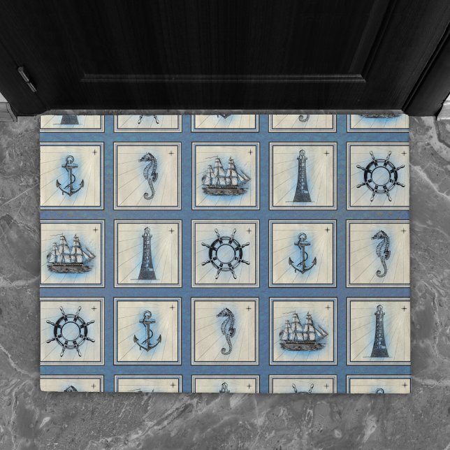 Nautical Tiles | Blue Lighthouse Anchor Ship Wheel Doormat (Creator Uploaded)