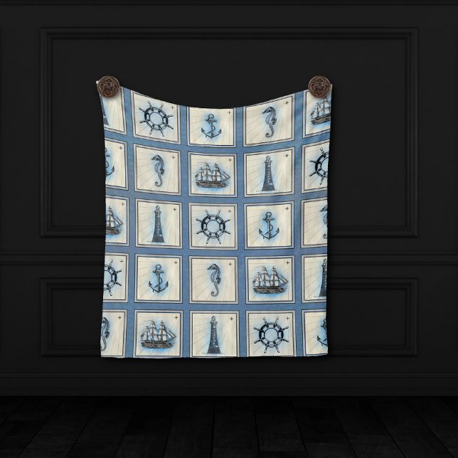 Nautical Tiles | Blue Lighthouse Anchor Ship Wheel Fleece Blanket (Creator Uploaded)