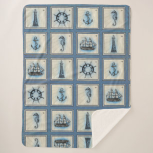 Nautical Tiles   Blue Lighthouse Anchor Ship Wheel Sherpa Blanket