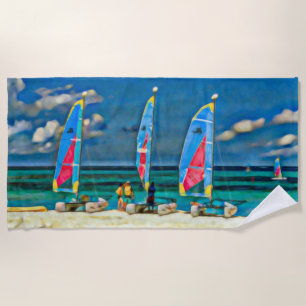 Nautical Tropical White Sand Beach Sailboats  Beach Towel