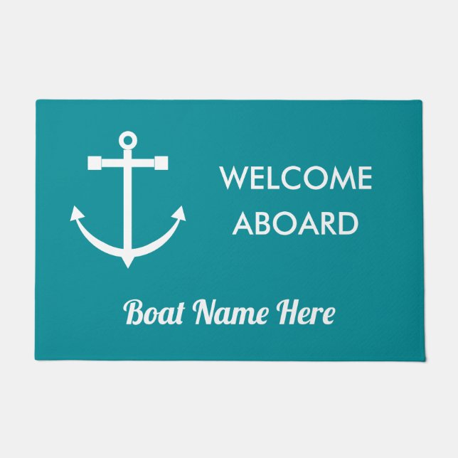 Nautical Turquoise Anchor Welcome Aboard Boat Name Doormat (Front)