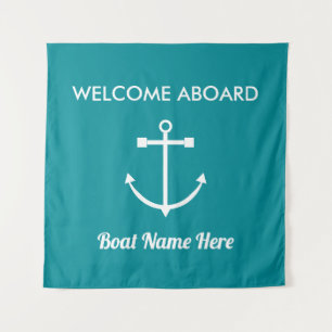 Nautical Turquoise Anchor Welcome Aboard Boat Name Tapestry