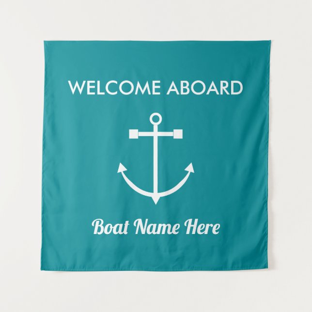 Nautical Turquoise Anchor Welcome Aboard Boat Name Tapestry (Front)