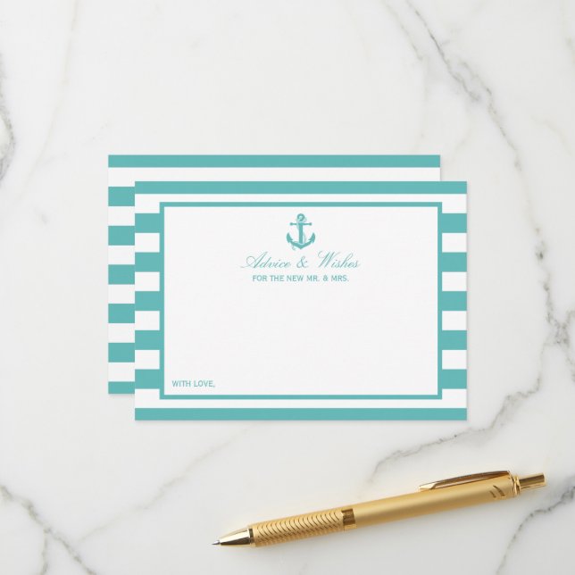 Nautical Turquoise Stripe Anchor Wedding Advice Card (Front/Back In Situ)