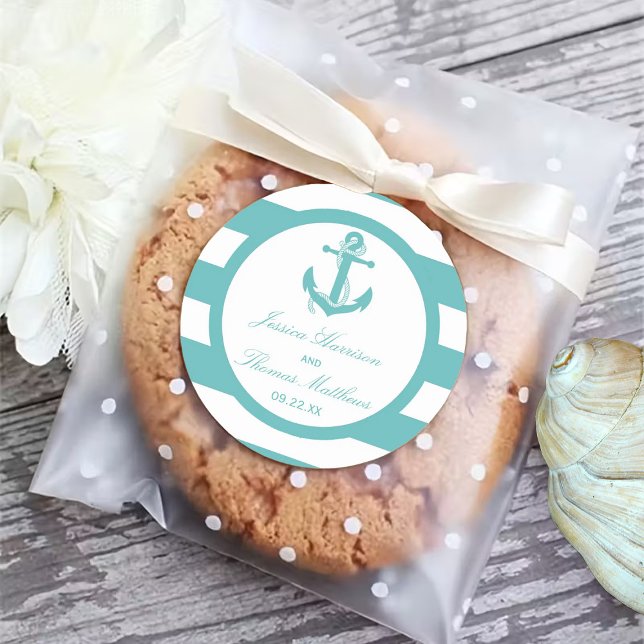 Nautical Turquoise Stripe Anchor Wedding Classic Round Sticker (Creator Uploaded)