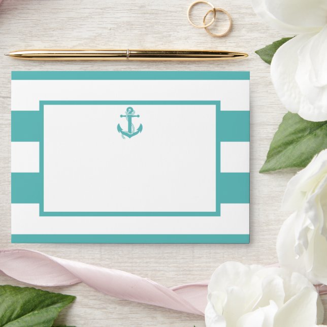 Nautical Turquoise Stripe Anchor Wedding Envelope (Wedding)