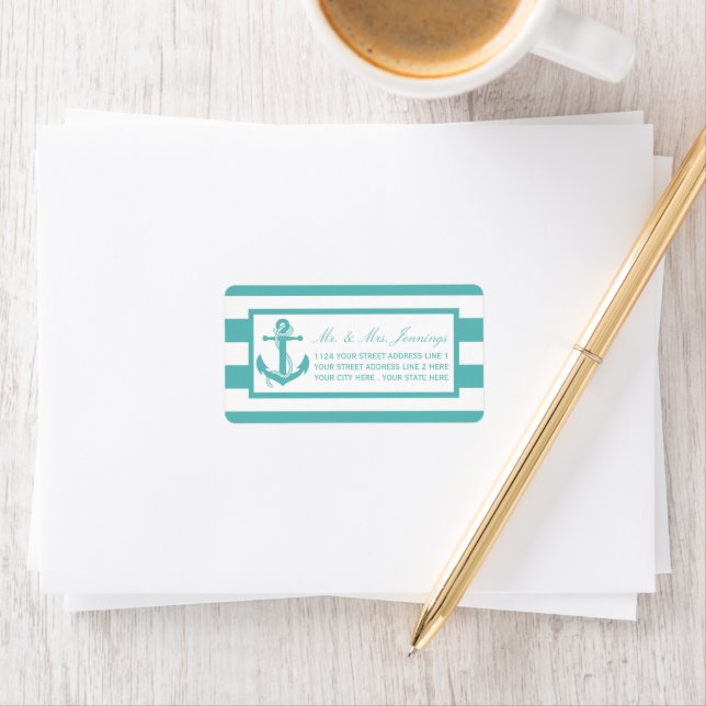 Nautical Turquoise Stripe Anchor Wedding Labels (Insitu)