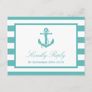 Nautical Turquoise Stripe Anchor Wedding RSVP Invitation Postcard