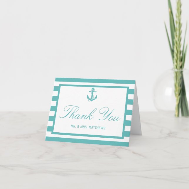 Nautical Turquoise Stripe Anchor Wedding Thank You Card (Front)