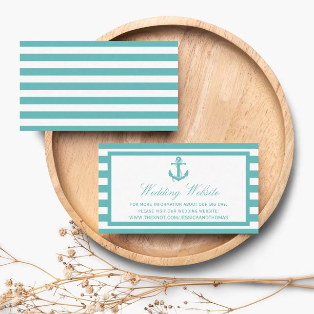 Nautical Turquoise Stripe Anchor Wedding Website Enclosure Card (Creator Uploaded)