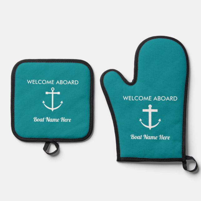 Nautical Turquoise Welcome Aboard Boat Name Anchor Oven Mitt & Pot Holder Set (Front)
