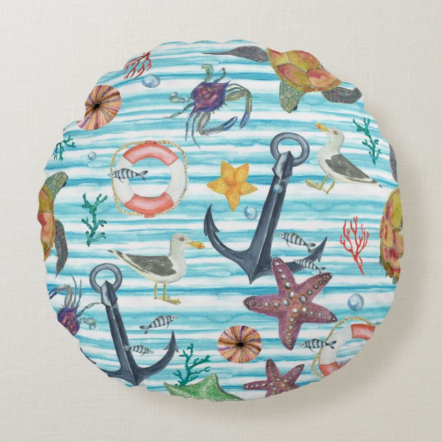 Nautical Turtles Seagul Starfish Pattern Round Pillow (Front)