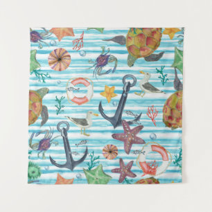 Nautical Turtles Seagul Starfish Pattern Tapestry