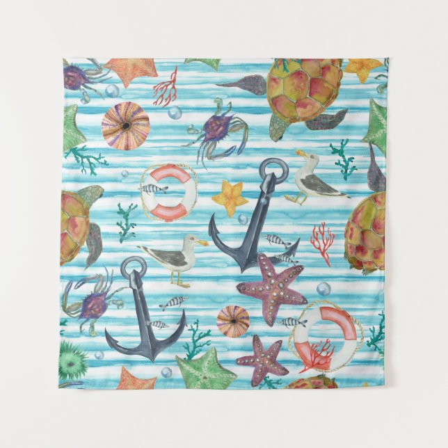 Nautical Turtles Seagul Starfish Pattern Tapestry (Front)