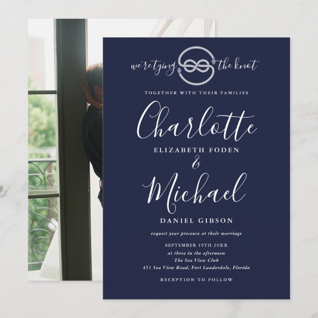 Nautical Tying Knot Navy Blue Script Photo Wedding Invitation (Front/Back)