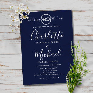 Nautical Tying The Knot Navy Blue Script Wedding Invitation