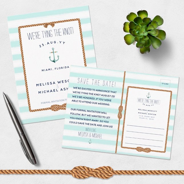 Nautical Tying the Knot Sea Foam Save the Date Announcement Postcard (Creator Uploaded)