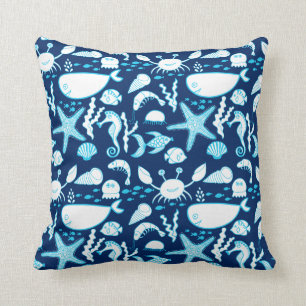 Nautical Under the Sea Cartoon Cute Blue Throw Pillow