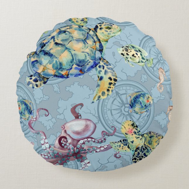 Nautical Under the Sea  Round Pillow (Front)