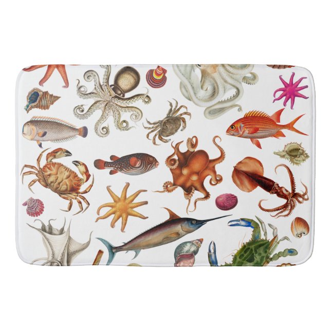 Nautical Underwater Sea Life Illustration Pattern Bath Mat (Front)