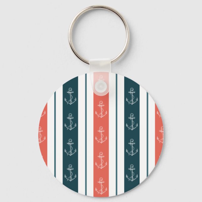 Nautical Vintage Anchor on Stripes Pattern Keychain (Front)