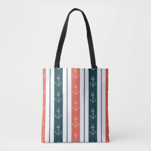 Nautical Vintage Anchor on Stripes Pattern Tote Bag