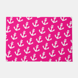 Nautical Vintage anchors pattern on neon pink Doormat