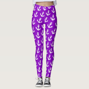 Nautical Vintage anchors pattern on neon purple Leggings