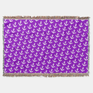 Nautical Vintage anchors pattern on neon purple Throw Blanket