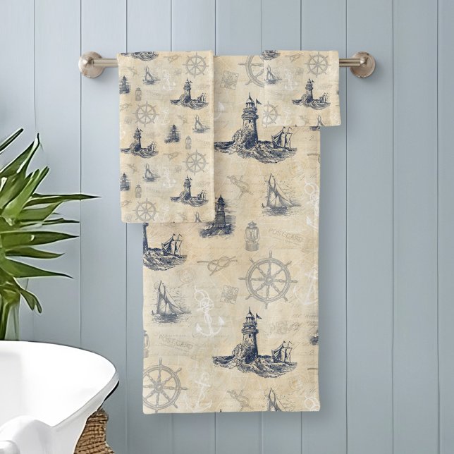 Nautical Vintage Lighthouses Sailboats Bath Towel Set (Creator Uploaded)