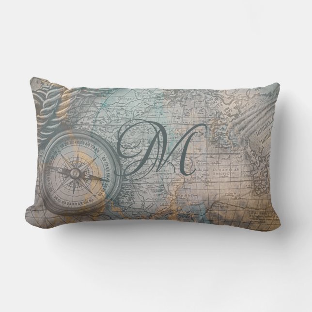Nautical Vintage Map Compass Monogram Lumbar Pillow (Front)
