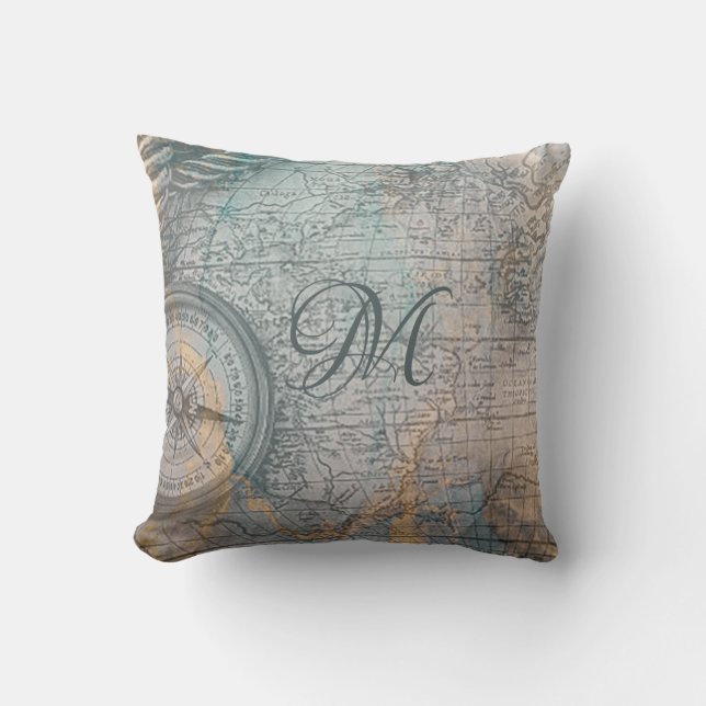 Nautical Vintage Map Compass Monogram Throw Pillow (Front)