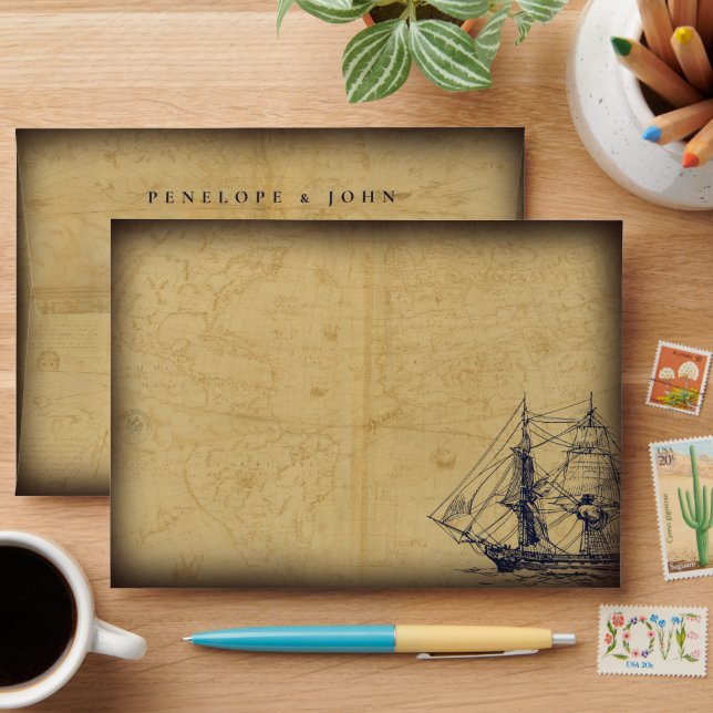 Nautical Vintage Map Ship Illustration Wedding Envelope (Desk)