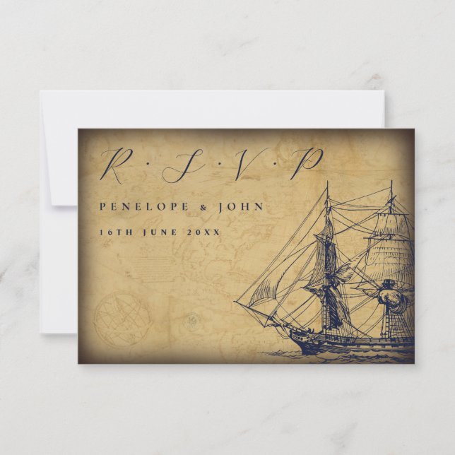Nautical Vintage Map Ship Illustration Wedding RSVP Card (Front)