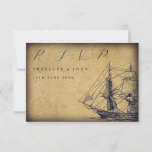 Nautical Vintage Map Ship Illustration Wedding RSVP Card